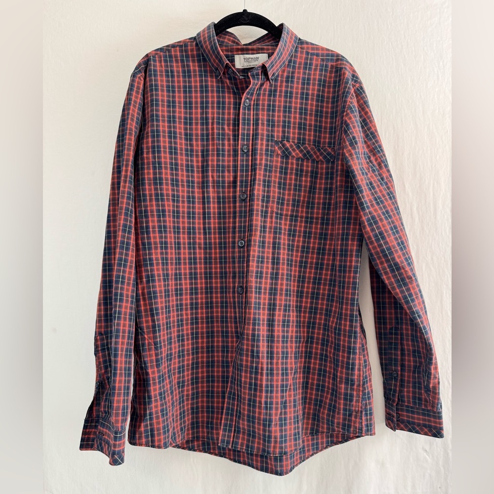 Topman Men's Orange Blue Plaid Long Sleeve Button Down Shirt Size L